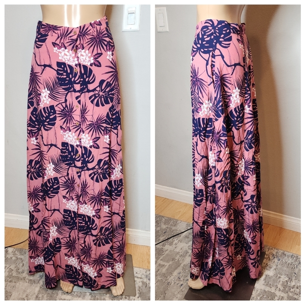 ModCloth Collectif Button-Front Maxi Skirt Blue Pink Palm Leaf Size 4 New